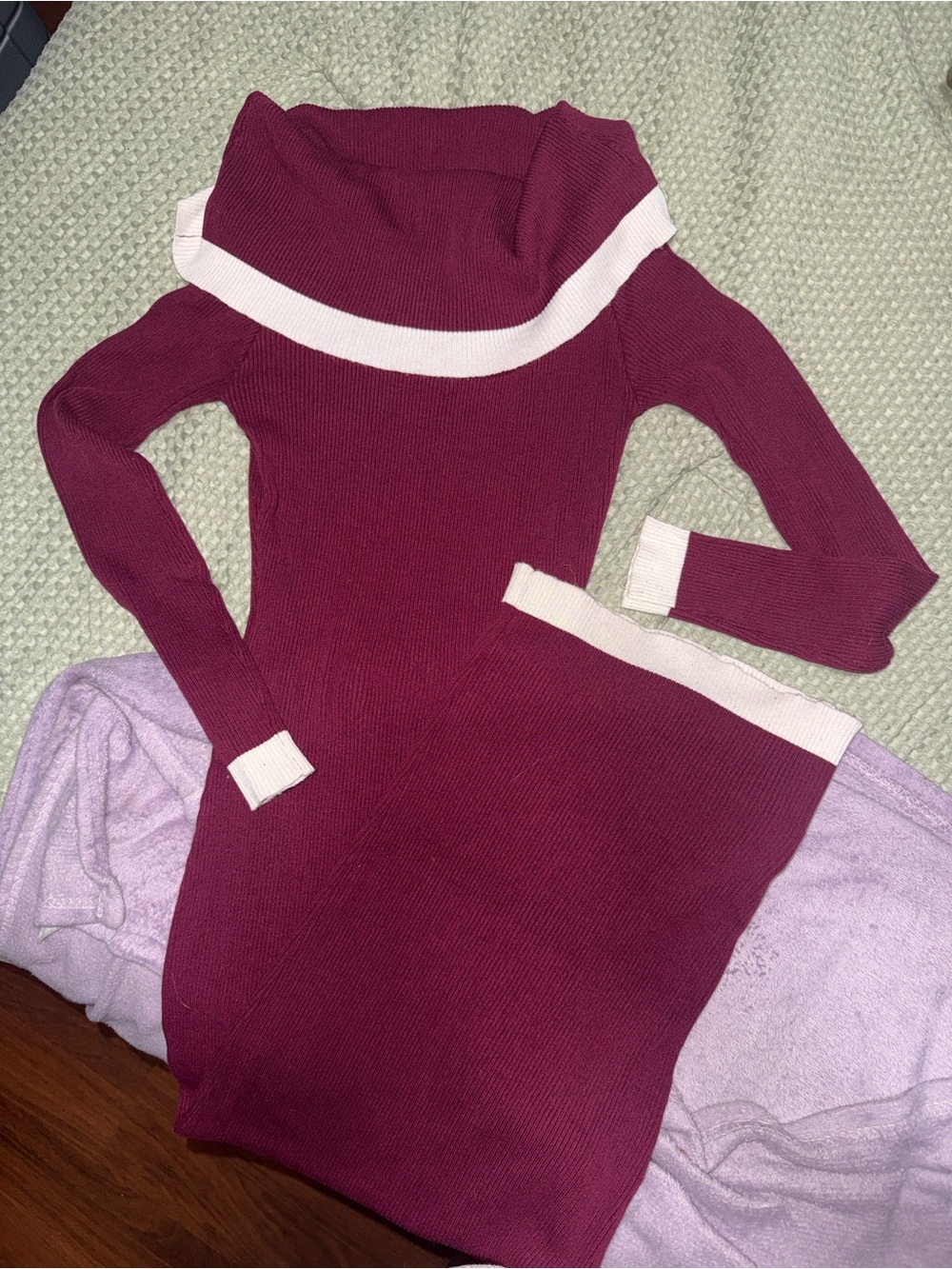 Off-Shoulder Wine Maxi Sweater Dress with White Trim